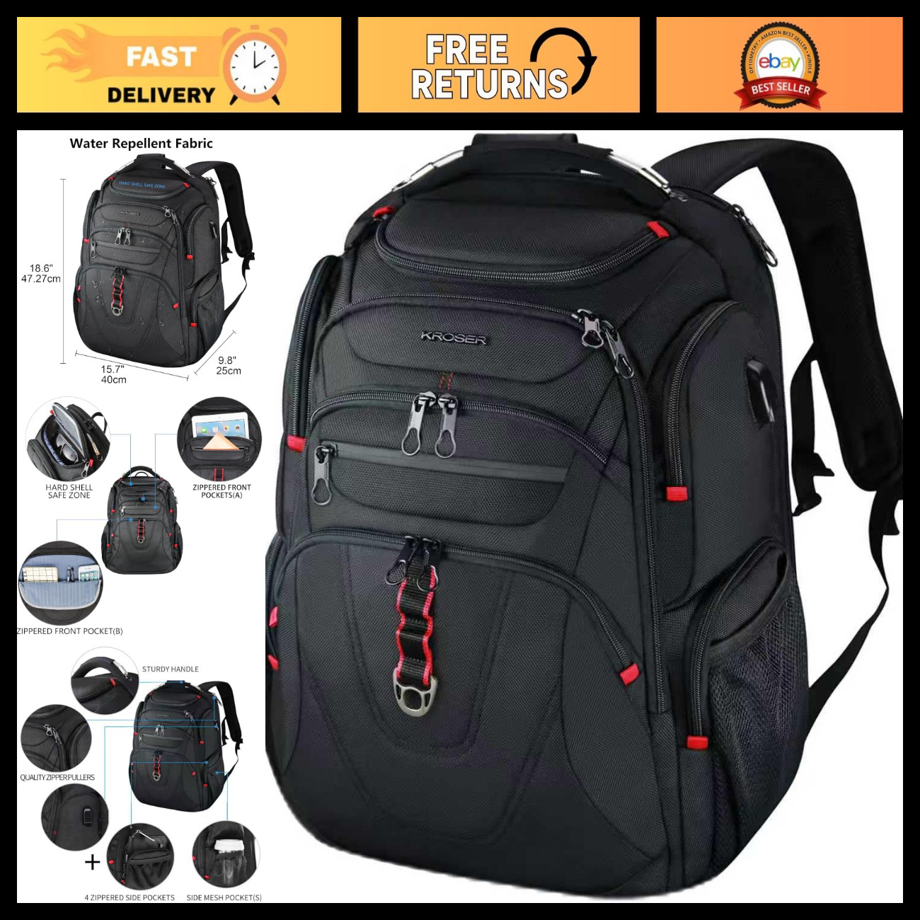 17.3" TSA-Friendly Travel Laptop Backpack - Water-Repellent, RFID Pockets, USB P