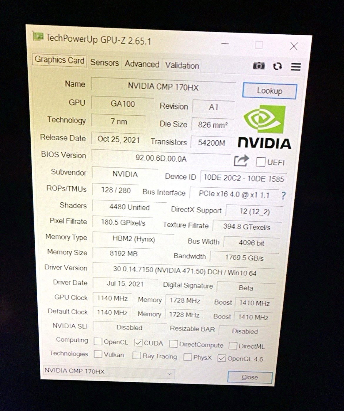 NVIDIA CMP 170HX 64GB UNLOCK HBM2 PCIe 4.0 x16 AI GPU