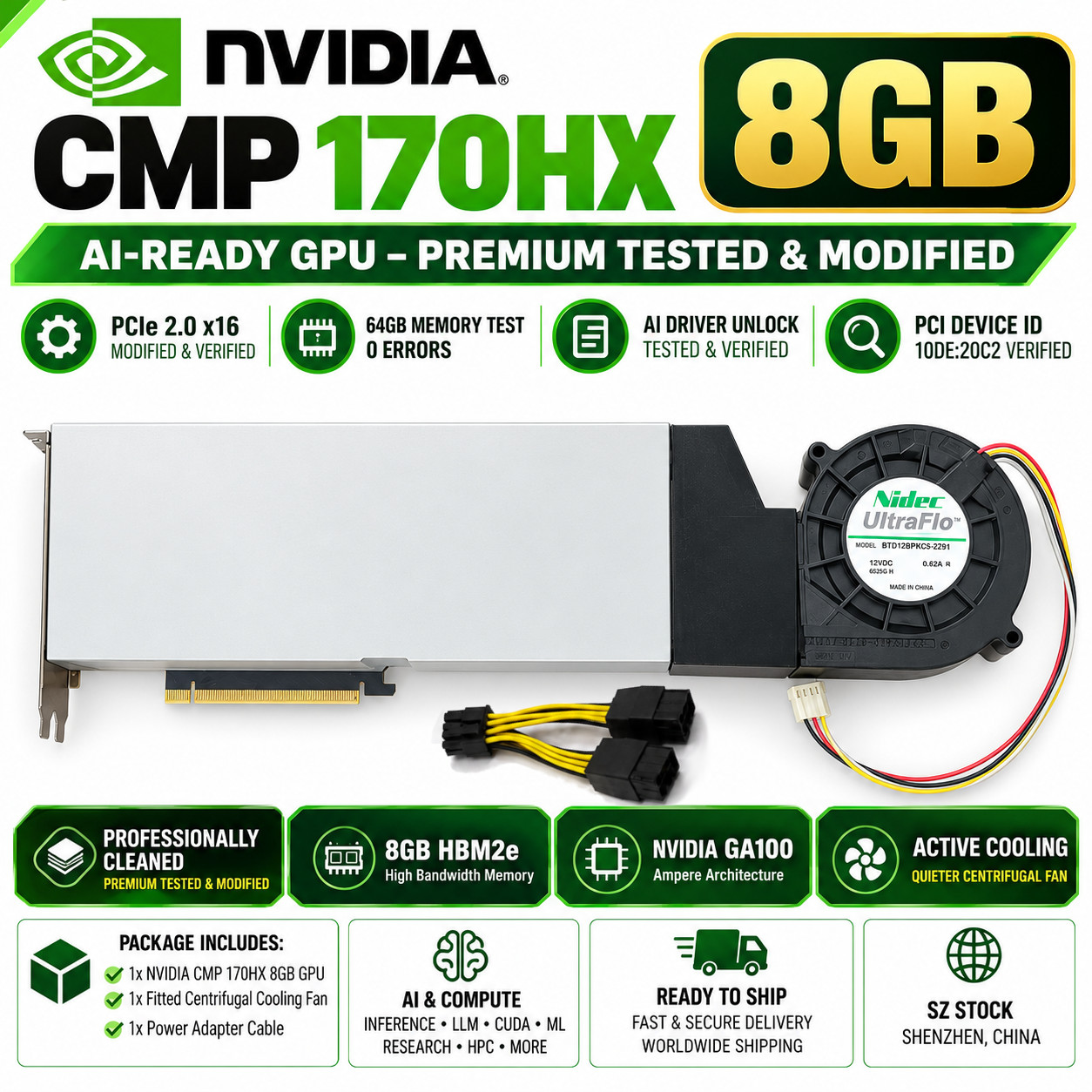 NVIDIA CMP 170HX 8GB AI Compute GPU 64GB – FULLY TESTED + PCIe 2.0 x16 MOD + FAN
