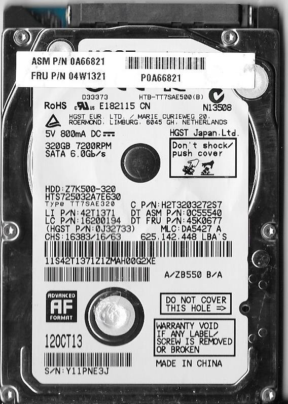 HGST HTS725032A7E630 320GB Sata Hard Drive P/N: 0J32733 MLC: DA5427