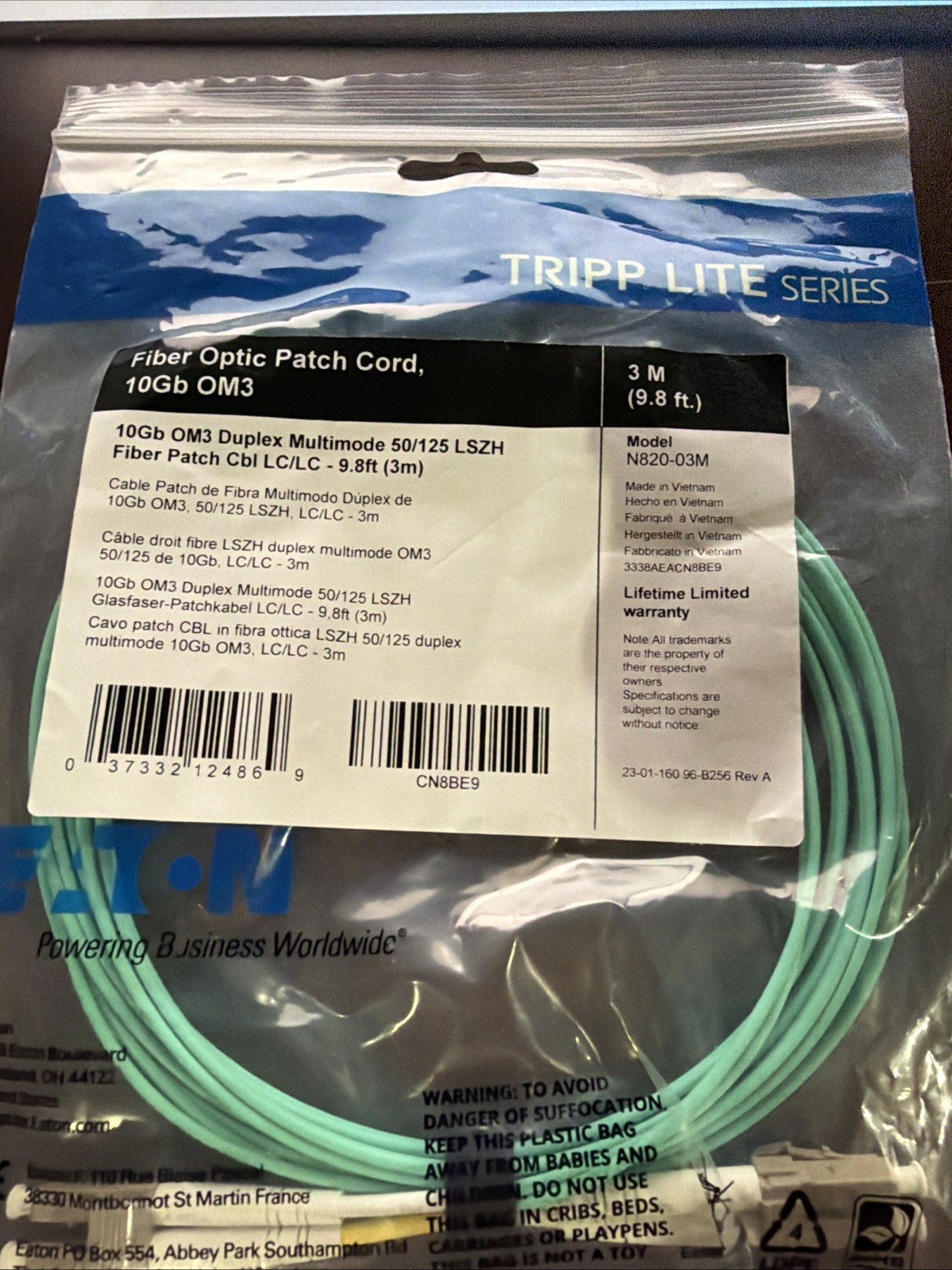 Tripp Lite 10Gb OM3 LC to LC Duplex Multimode Fiber Patch Cable 3M Aqua N820-03M