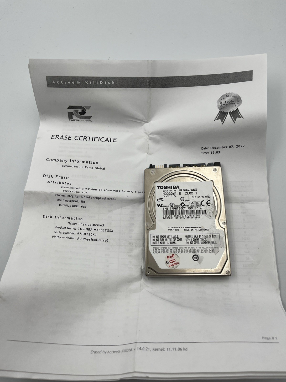 TOSHIBA MK8037GSX HDD2D61 HARD DRIVE 80GB 5400RPM