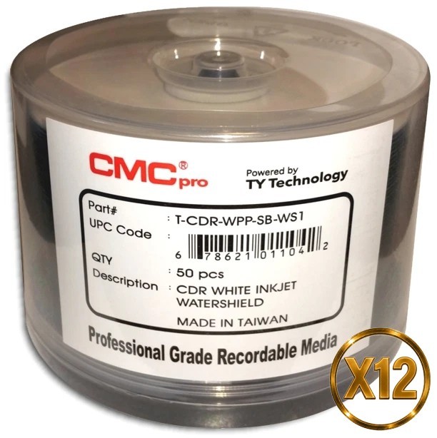 600-Pak CMC PRO =WATERSHIELD & GLOSSY= White Inkjet Hub 52X 80-Min CD-R's