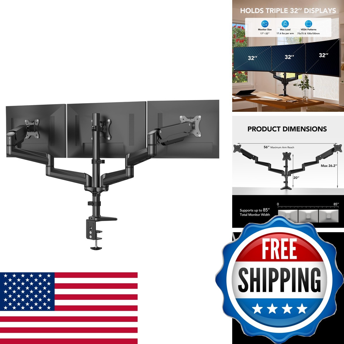 HUANUO HNTS3B Triple Monitor Mount 17-32" Screens Swivel Tilt Rotation Clamp