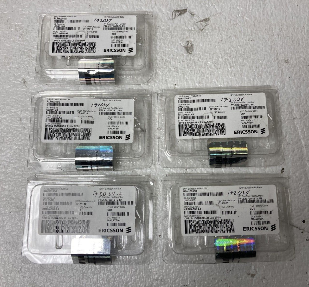 Lot of 5 Ericsson Finisar RDH10265/2  10GBase-LR Lite SFP+ Transceiver