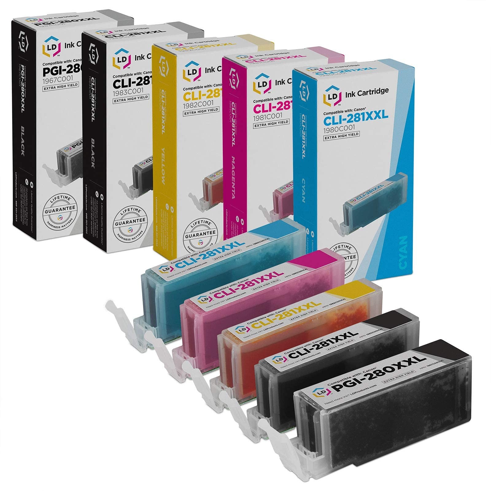 Compatible Ink Replacements for PGI-280XXL CLI-281XXL SHY (PB, B, C, M, Y, 5-Pk)