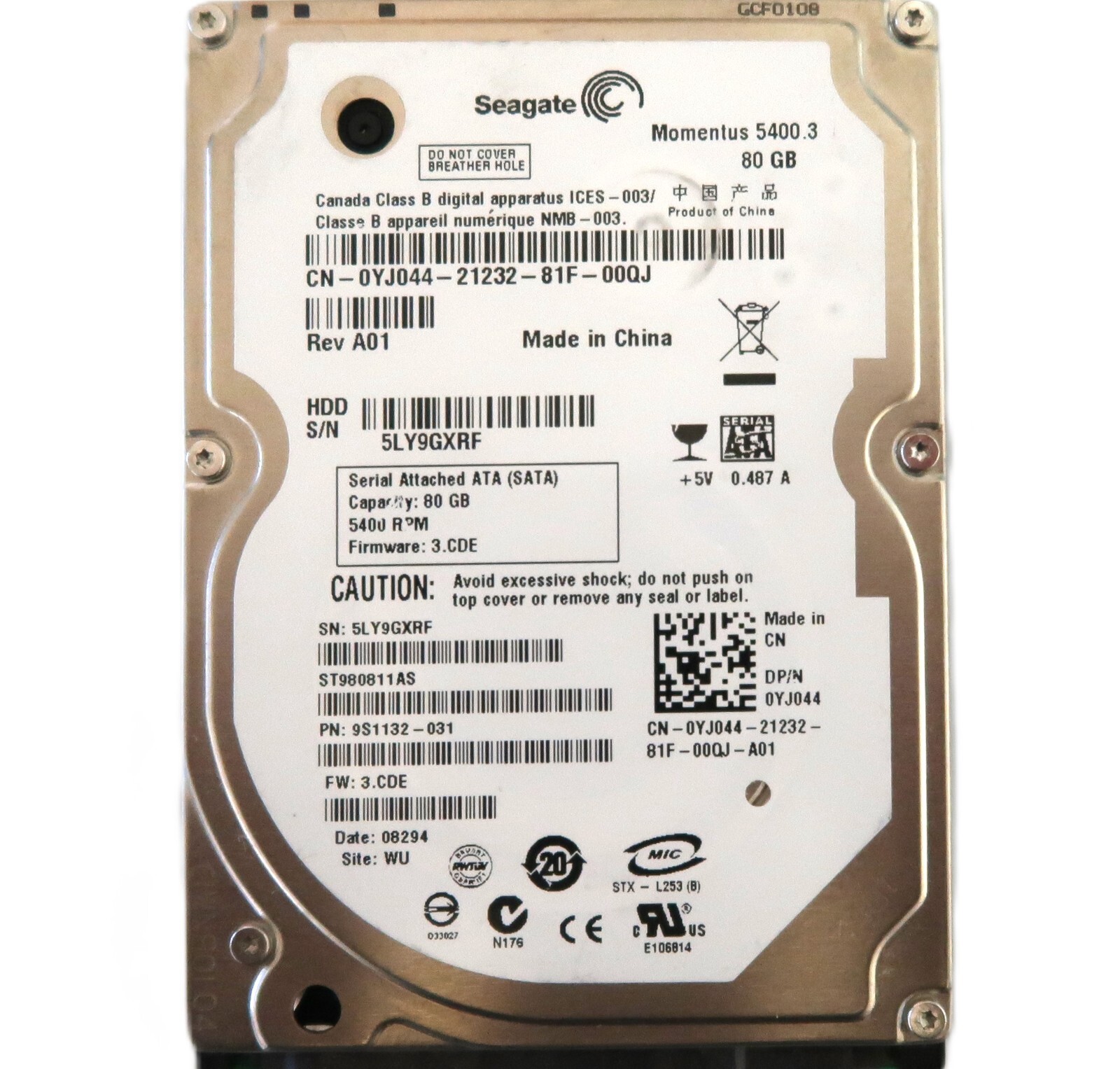 Seagate ST980811AS 9S1132-031 3.CDE (5LY) WU China 80gb 2.5" Sata HDD 01/2008