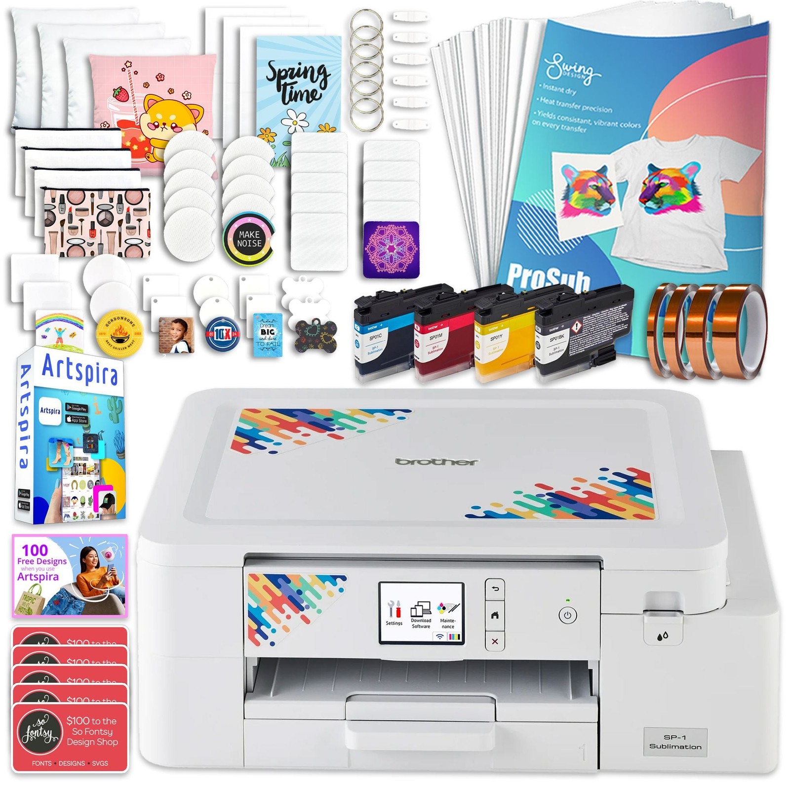 Brother SP-1 Sublimation Printer, Inks, Paper, Blanks, Tape Starter Bundle