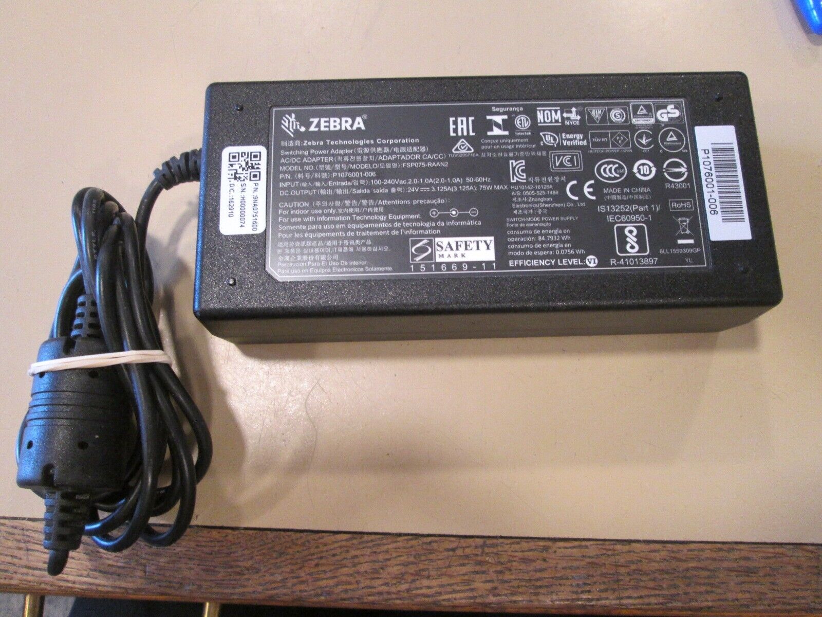 Genuine ZEBRA FSP075-RAAN2 P1076001-003 AC Adapter Power Supply 24V 3.125A 75W