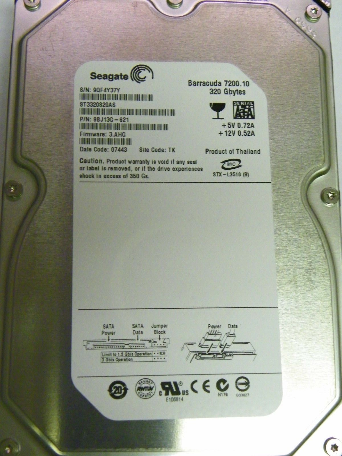 Seagate ST3320820AS P/N:98J13G-621 FW:3.AHG 320GB 3.5" SATA Hard Drive