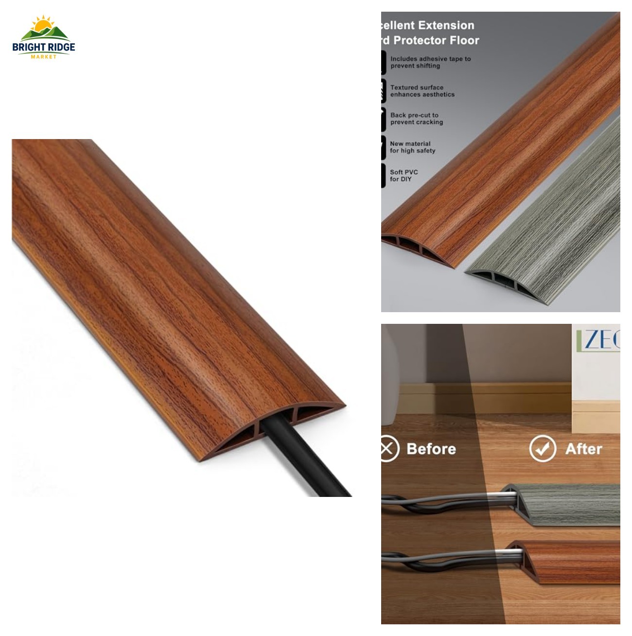 Cable Floor Cover 10ft Walnut Wire Management Soft PVC Safe Low Profile