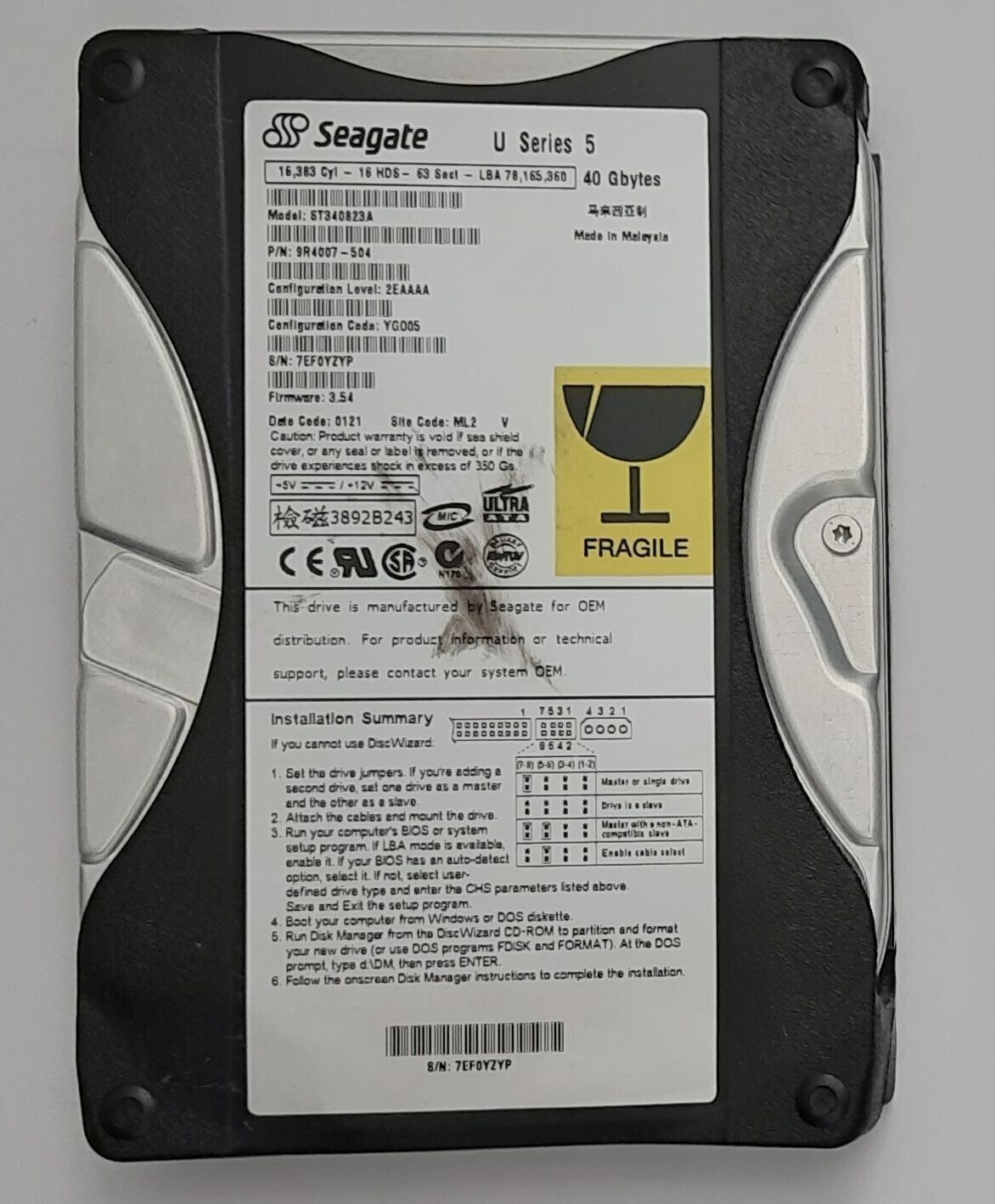 Seagate ST340823A IDE (U-Series 5, 40GB, Retro, 2001) Hard Drive