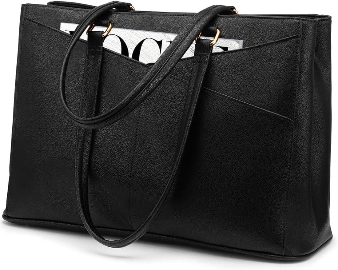 15.6 Inch Waterproof Leather Laptop Tote Bag for Women - Black Computer Bag