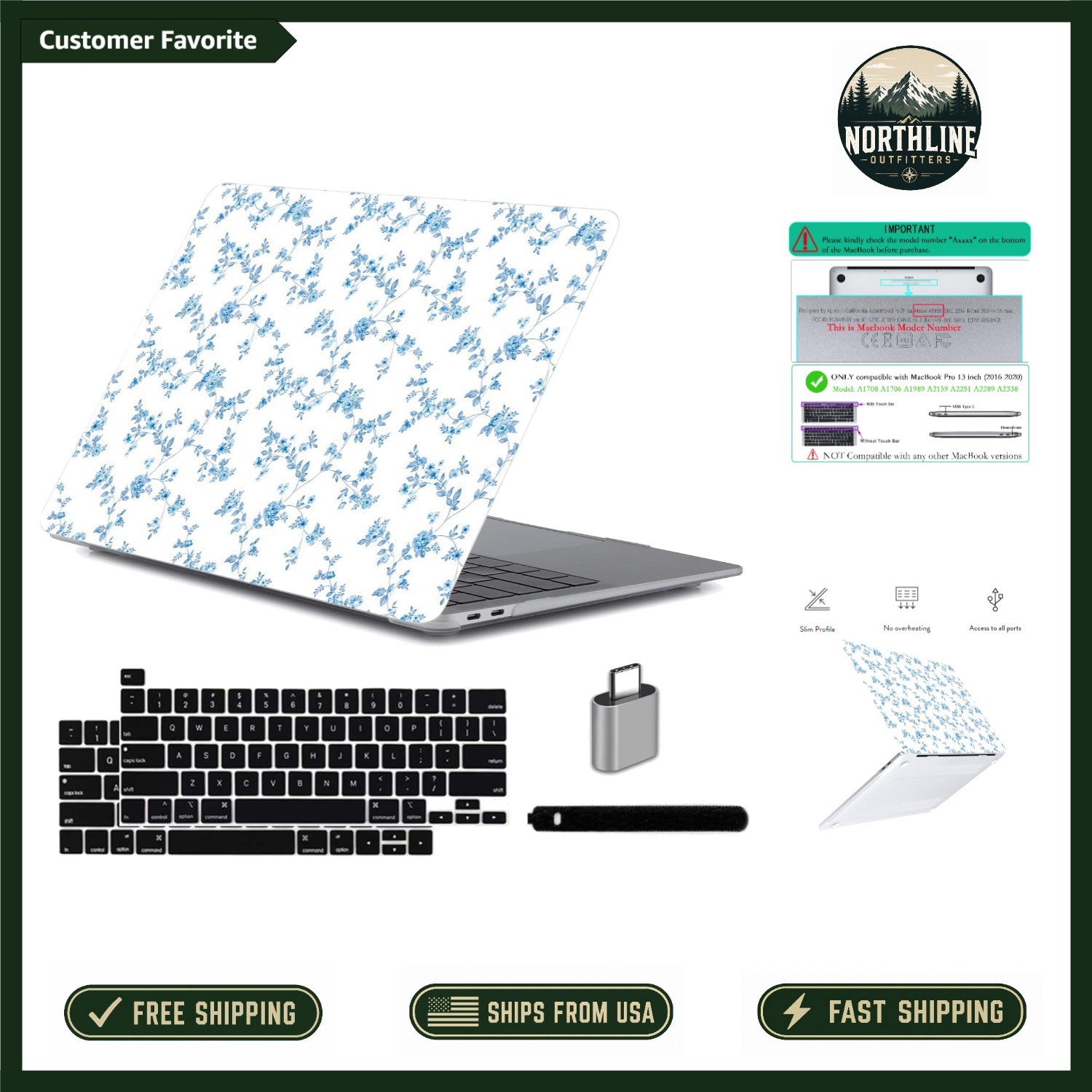 Elegant Floral Hardshell Case for MacBook Pro 13" with Precision Cutouts & Cover