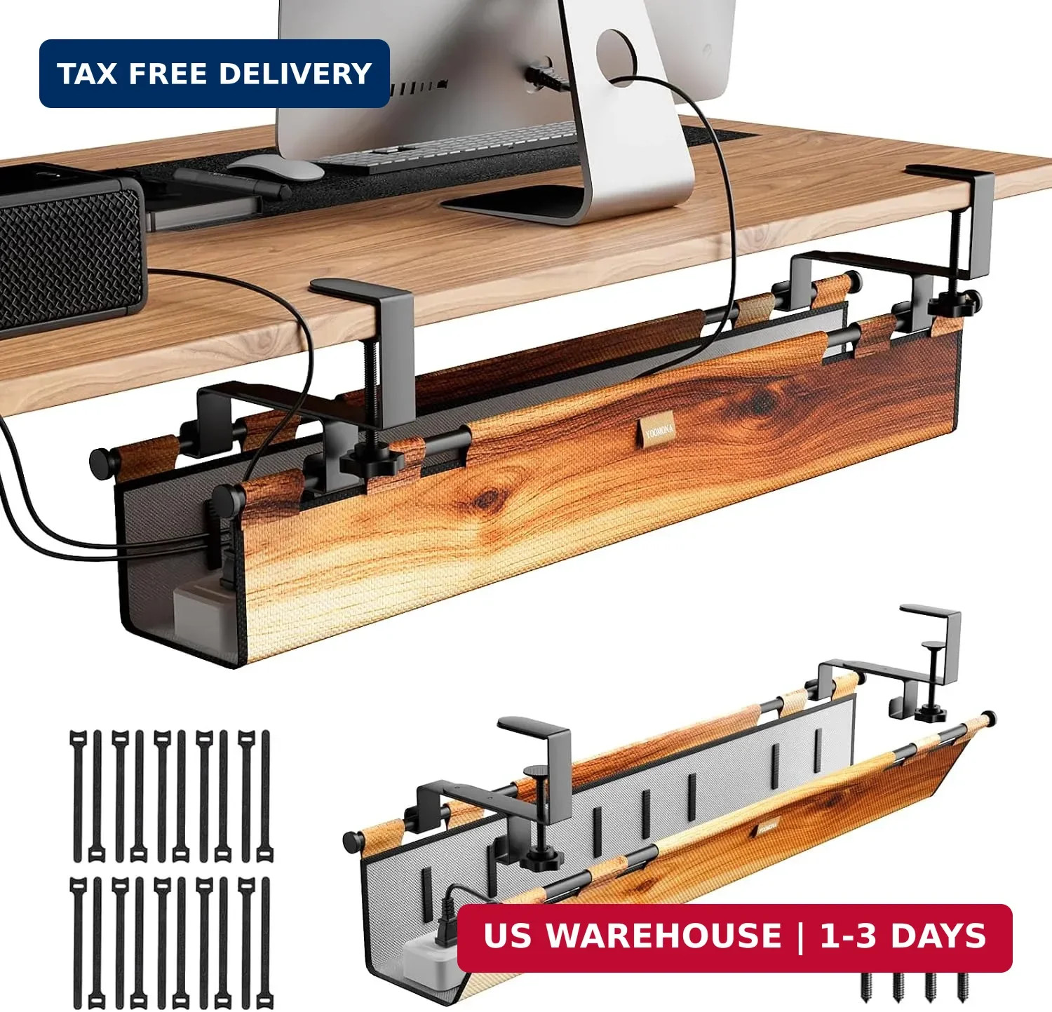 No Drill Thickened Under Desk Cable Management,38.5In,Wood-Grain