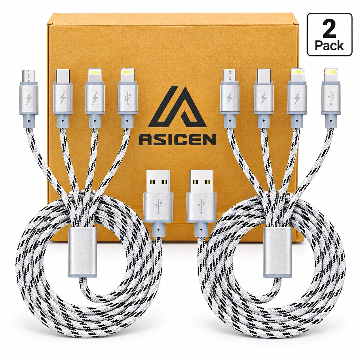 ASICEN 2-Pack 3-in-1 Braided USB-A to USB-C/Lightning/Micro USB 3ft