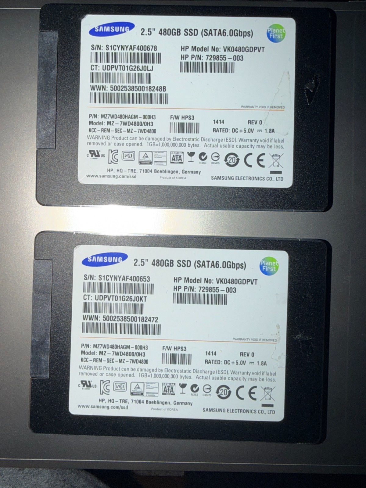 HP 729855-003 730146-001 480GB SATA 6G 2.5"  MZ-7WD4800/0H3 SSD 100% Health