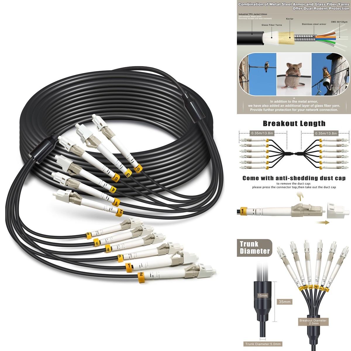 YUTIANHOME 5M 6 Core OM3 Multimode TPU LC-LC Outdoor Armored Fiber Cable