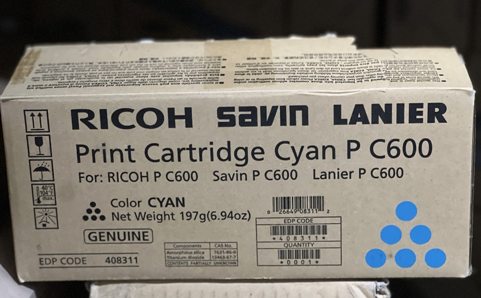 Genuine Ricoh 408311 Cyan Toner Cartridge-Open/Worn Box