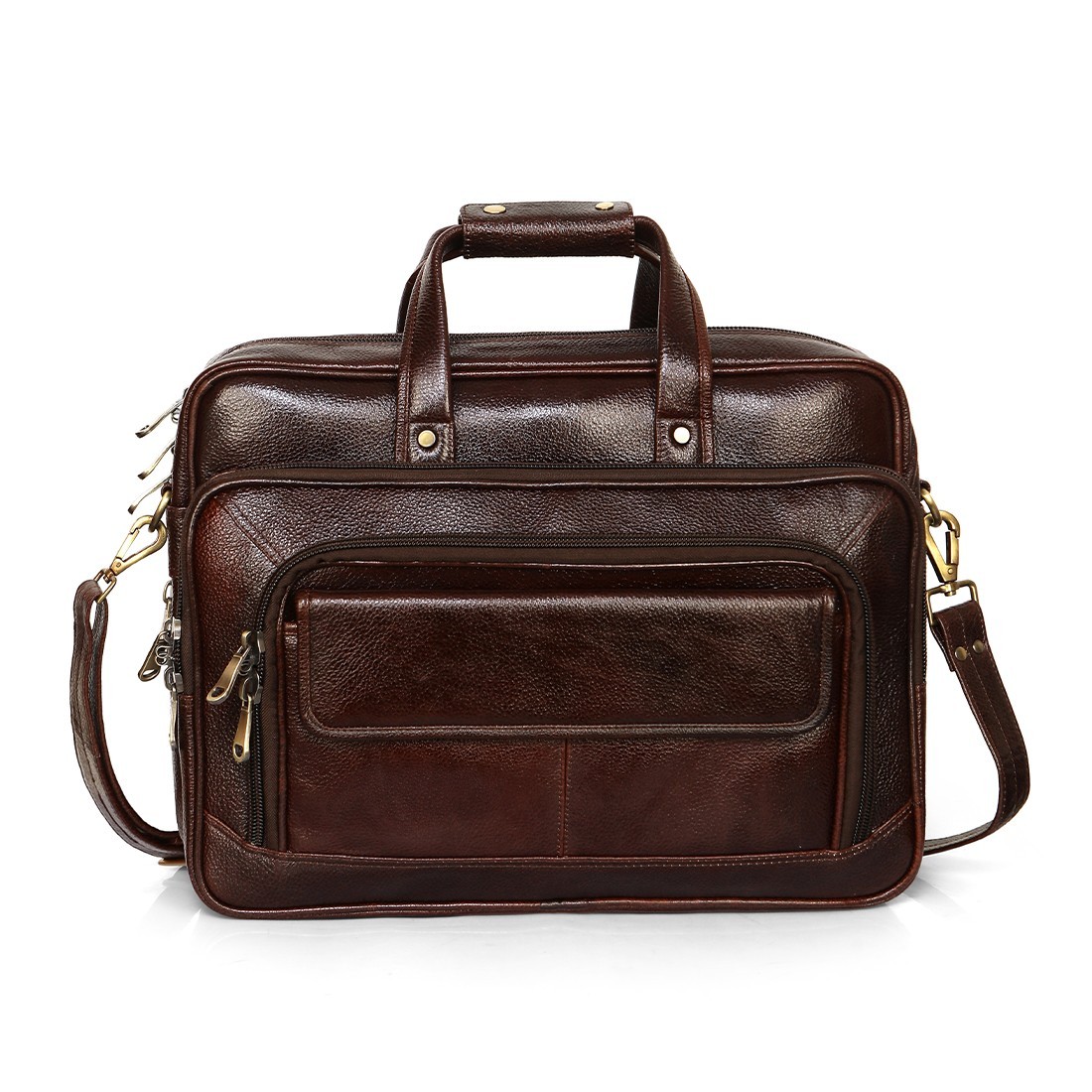 Luxury brown full-grain calfskin leather laptop briefcase with handle and strap