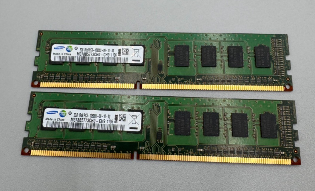 Lot Of2 Samsung DDR3 4GB (2 x 2GB = 4GB)PC3 10600U MHz RAM Memory Excellent/Big