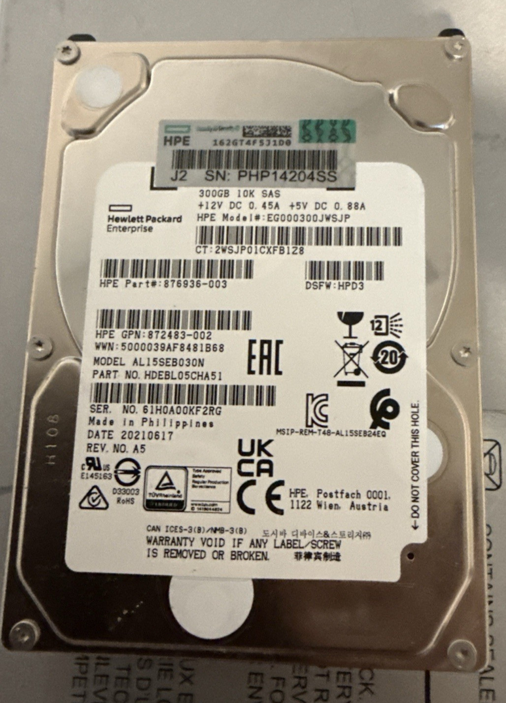 HPE 300GB 10K SAS 12Gb/s 2.5" HDD 876936-003 EG000300JWSJP No Caddy