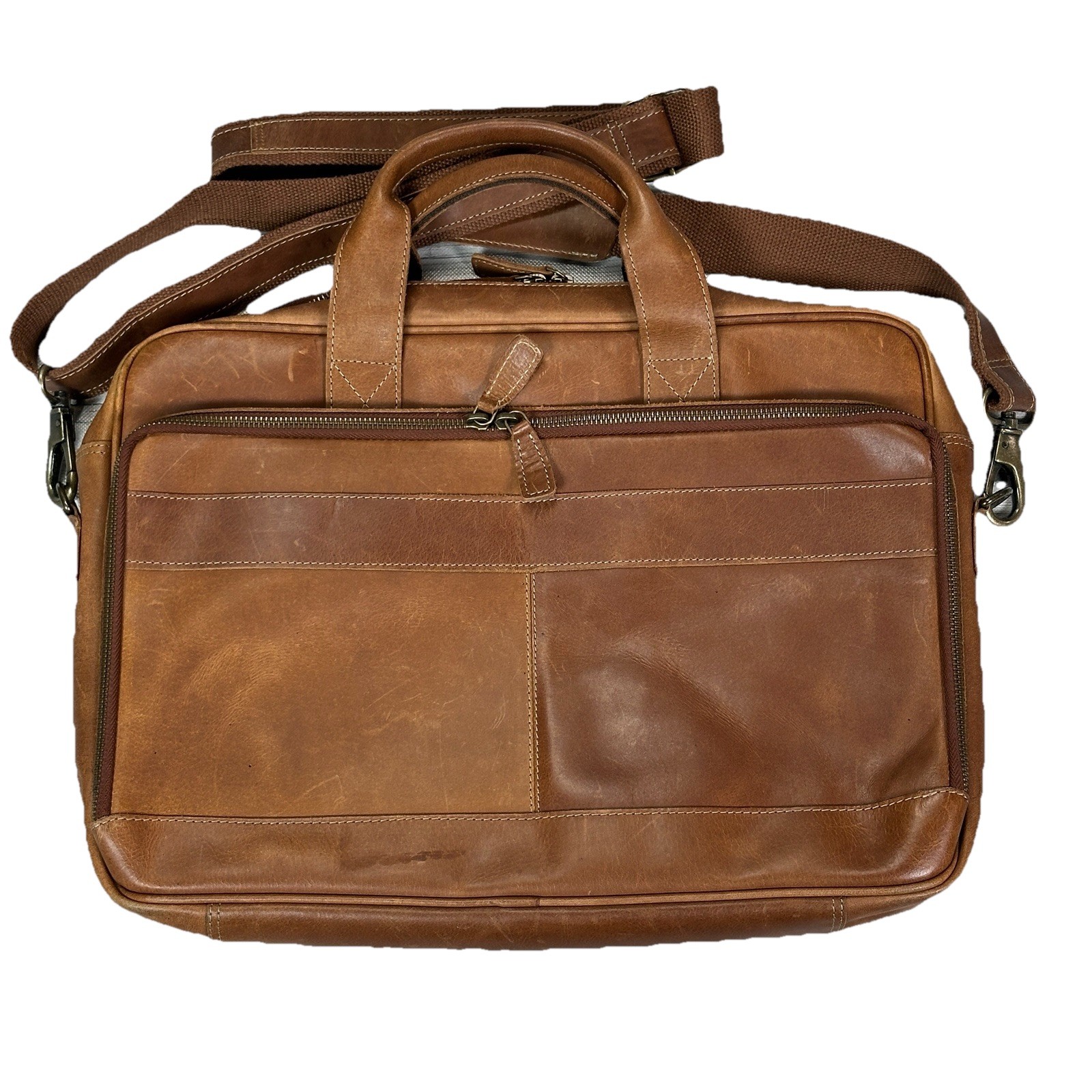 KomalC 16" Leather briefcases Laptop Messenger Bag Saddle Brown Handles Strap