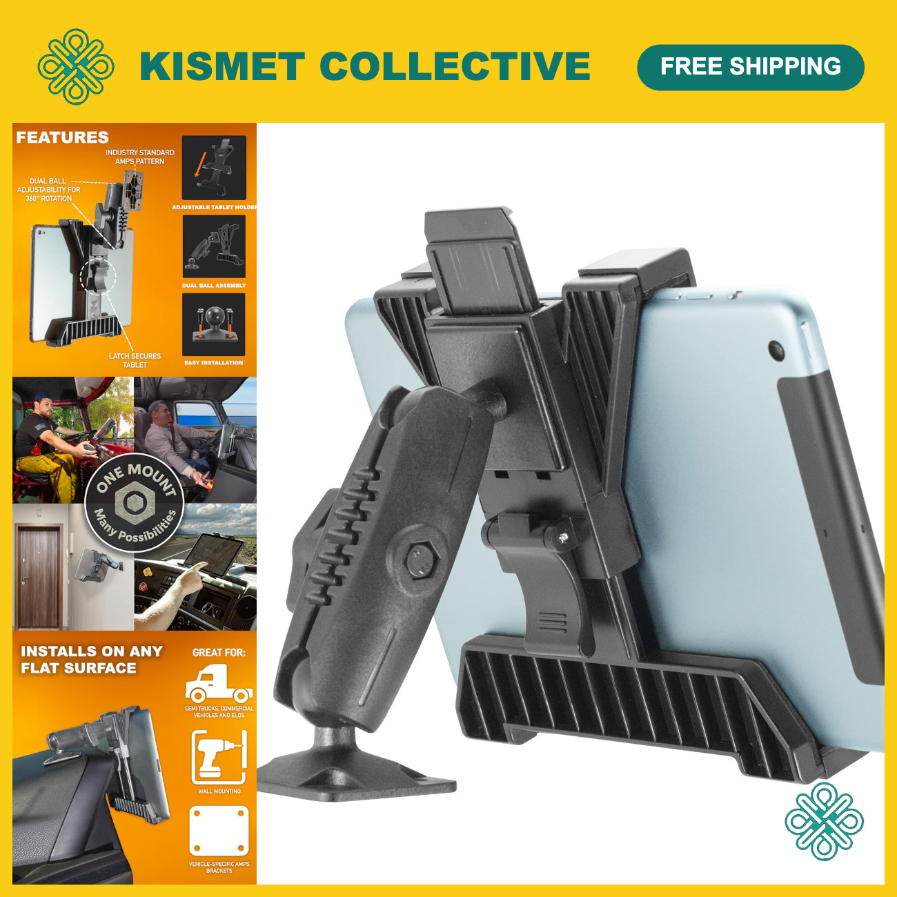Tablet Drill Base Mount for 7-11" Devices, Heavy-Duty Truck Mount, Adjustable Ho