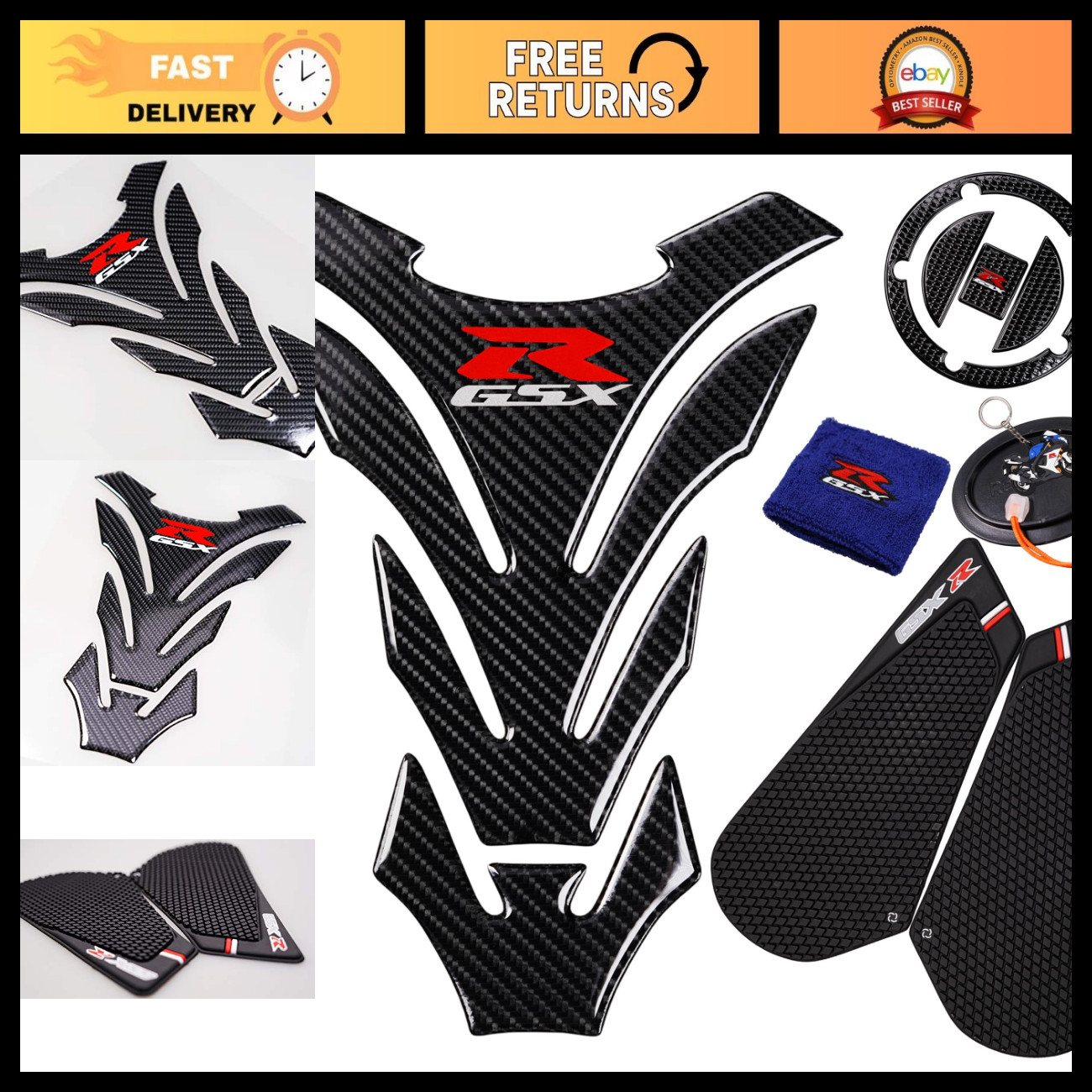3D Black Rubber Tank Pad Protector, Anti-Slip Traction Sticker for GSXR 600/750