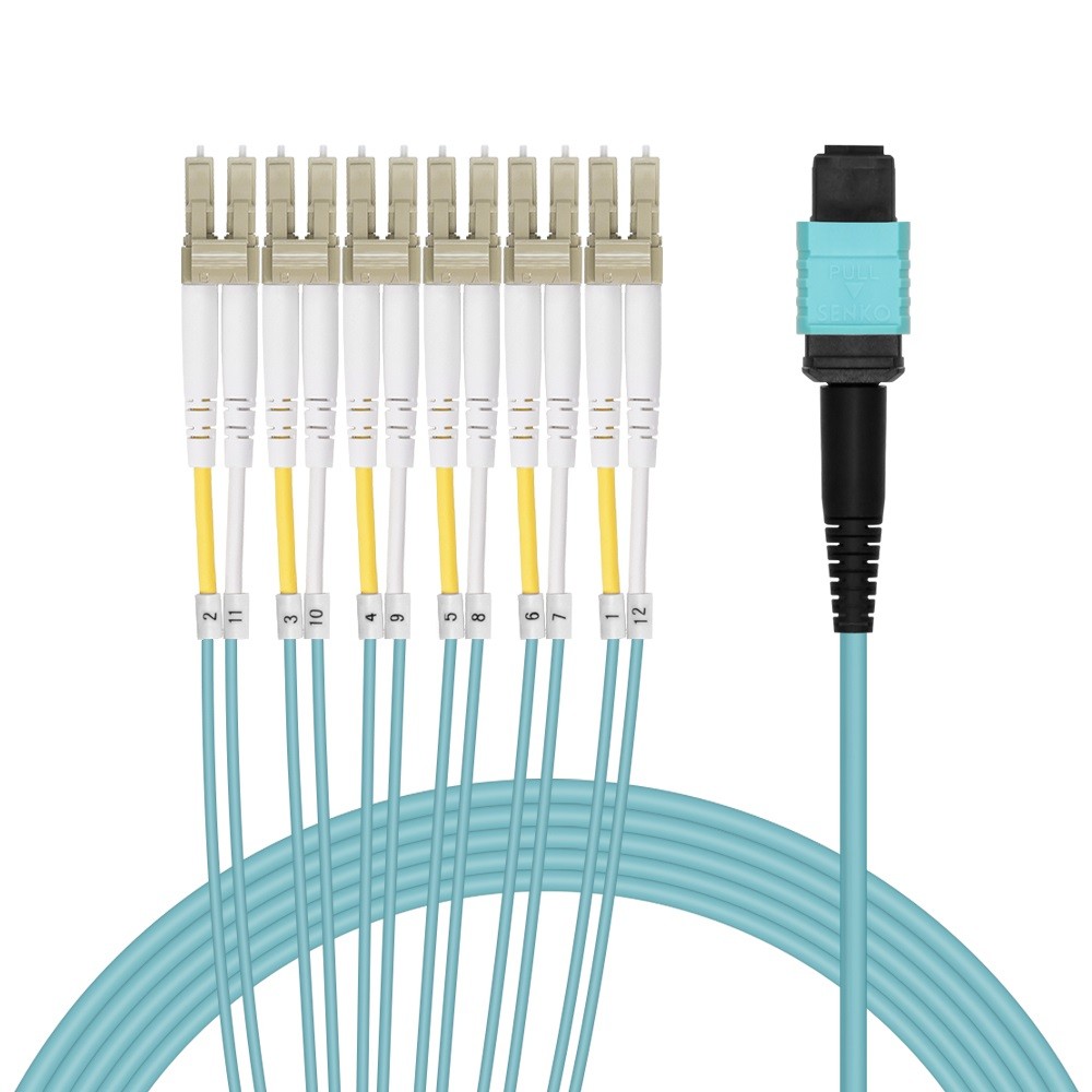 5 Pack of 3m MPO OM4 to 12-Fiber to 6-LC Duplex Breakout Aqua OFNR