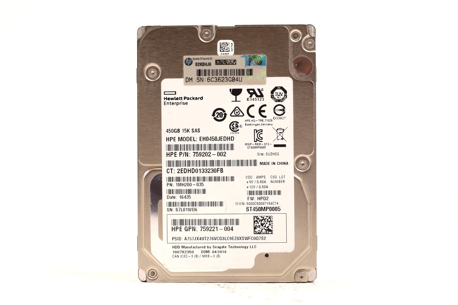 HPE EH0450JEDHD 450GB 2.5" 12Gb/s 15K RPM SAS Hard Drive P/N: 759221-004 Tested