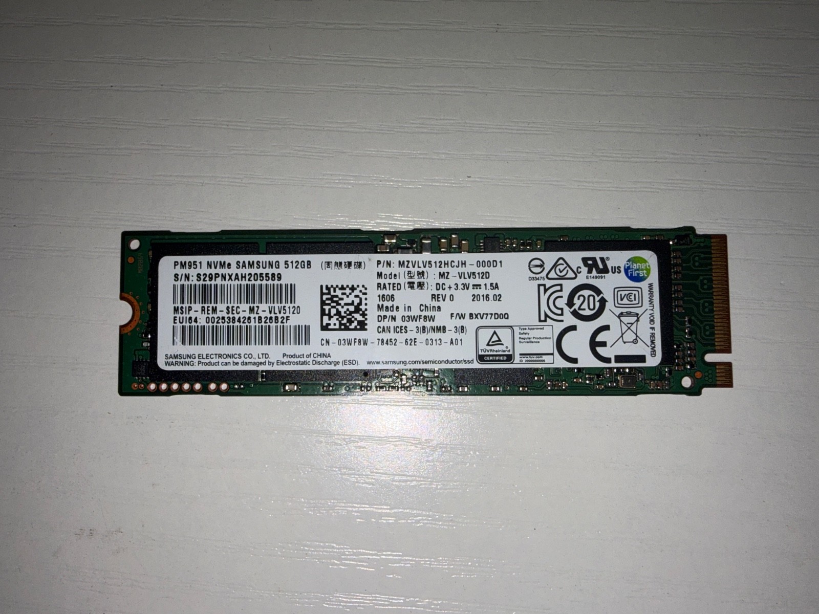 Samsung PM951 512GB NVMe M.2 SSD MZVLV512HCJH-000D1 03WF8W MZ-VLV512D TESTED