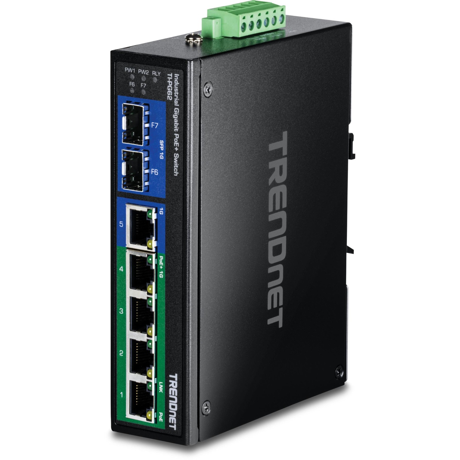 TRENDnet 7-Port Industrial Gigabit PoE+ DIN-Rail Switch, 5-Port|2 SFP, black