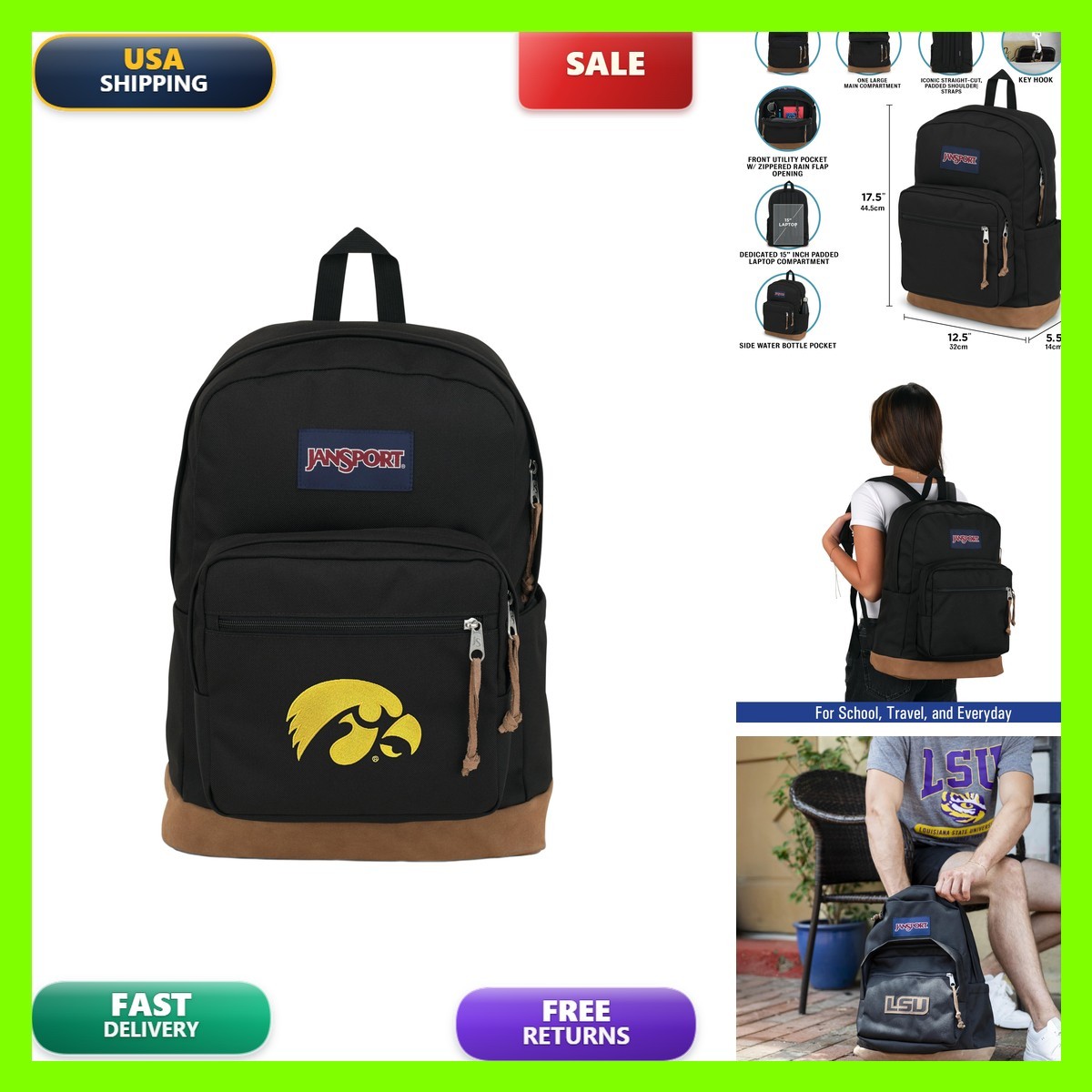 JanSport NCAA Officially Licensed Backpack, Iowa Hawkeyes, Right Pack Padded