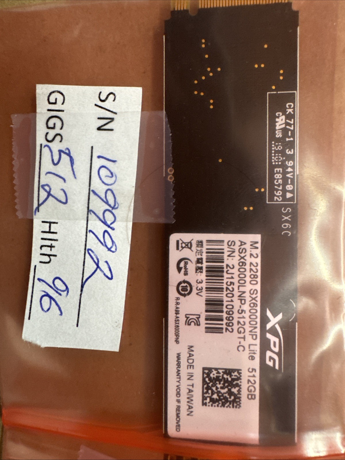 ADATA XPG SX6000NP Lite 512GB NVMe M.2 2280 PCIe Gen3x4 SSD - 96% Health