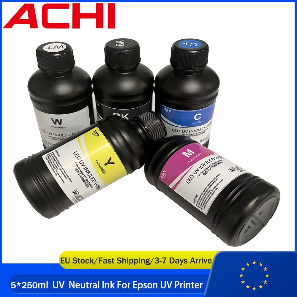 ACHI 5*250ml UV Neutral Ink CMYKW For Epson UV Flatbed Printer Colorful