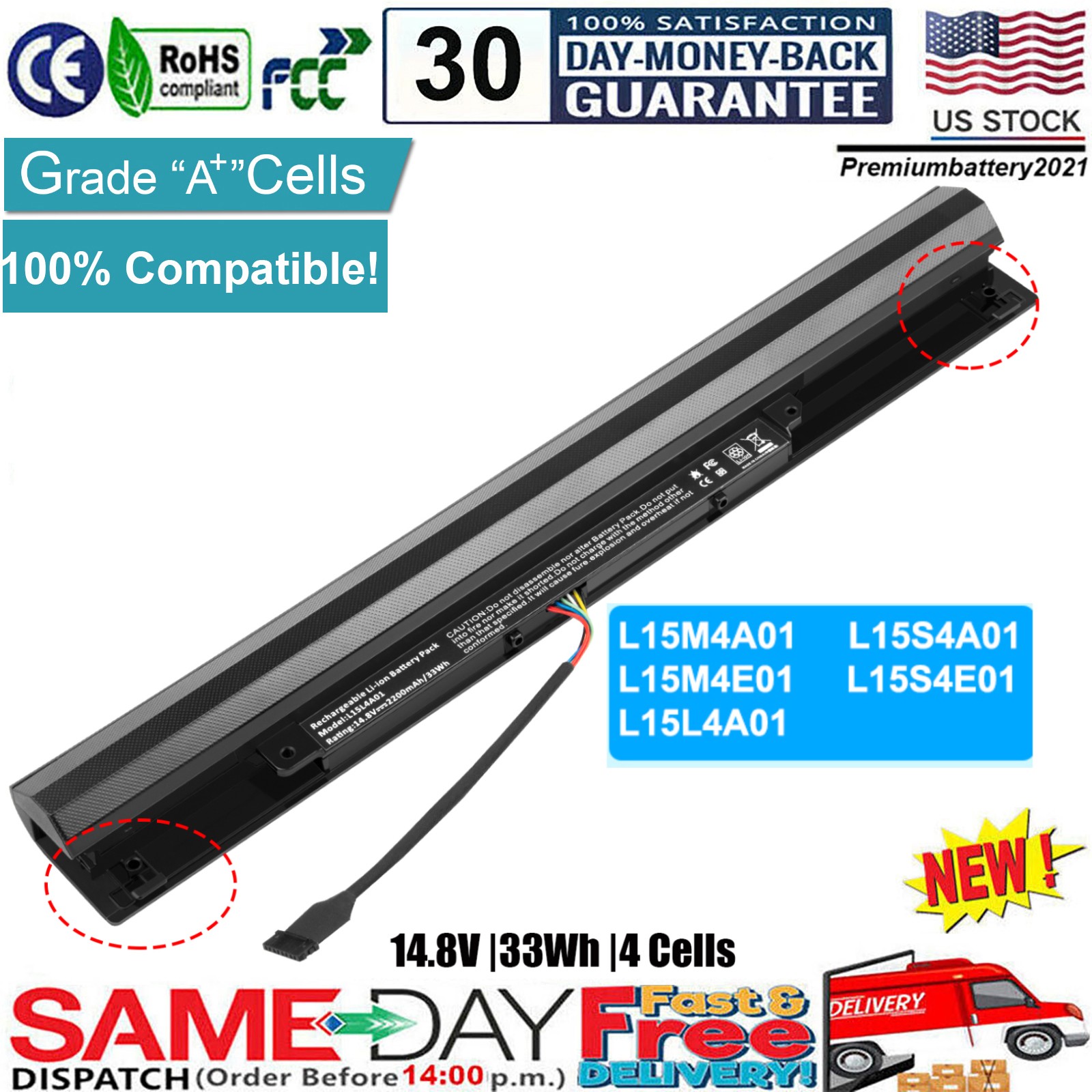 Battery L15S4A01 For Lenovo V4400 IdeaPad 100-15IBD 80UD 100-14IBD 110-15ISK