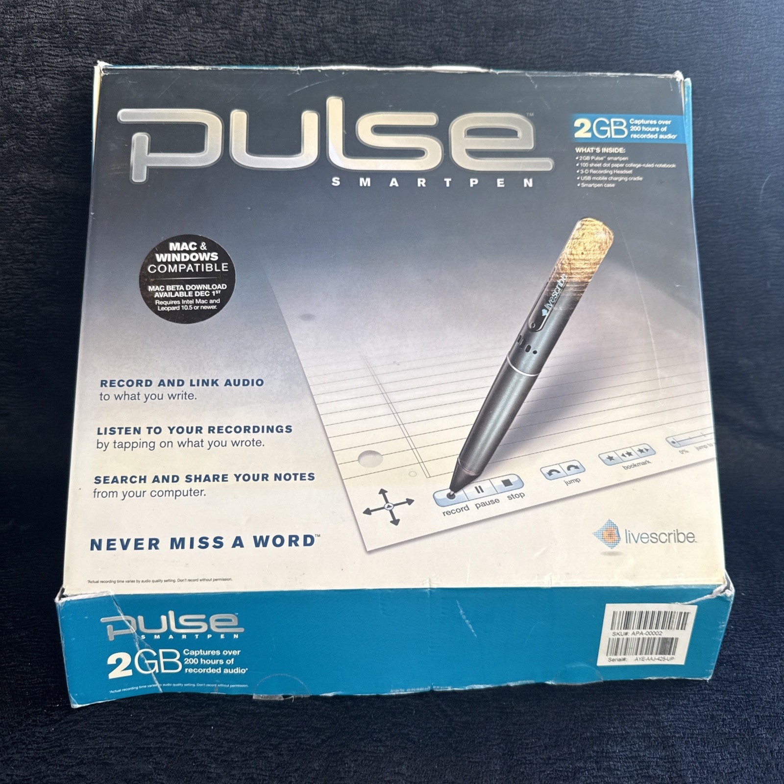 Livescribe Pulse Smart Pen 2 GB New Open Box pen, 1starter Notebook/ 4pk Sealed