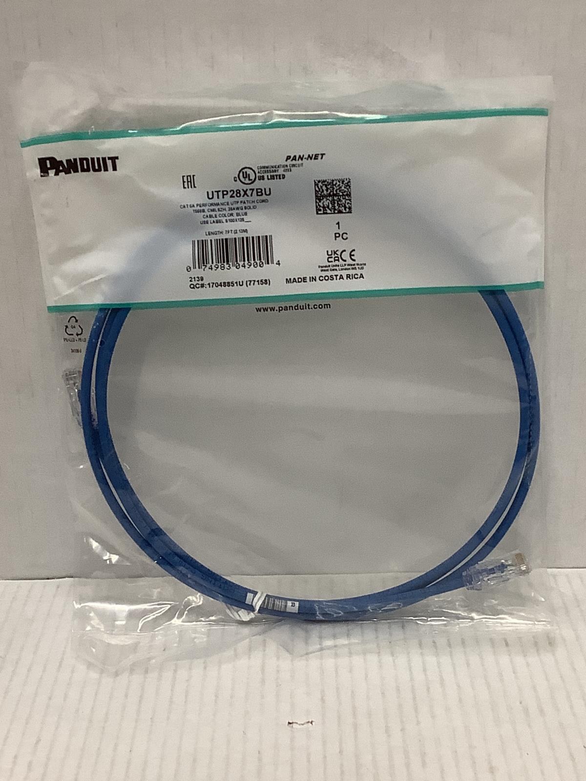 Panduit Cat 6A 28 AWG UTP Copper Patch Cable 7' Blue Network Ethernet UTP28X7BU