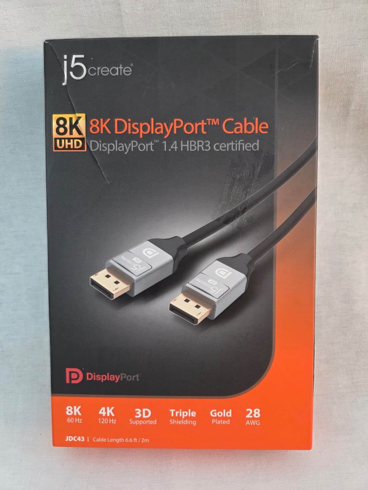 j5create JDC43 8K DisplayPort Cable 6.6ft DP 1.4 32.4Gbps HDR 4K 120Hz
