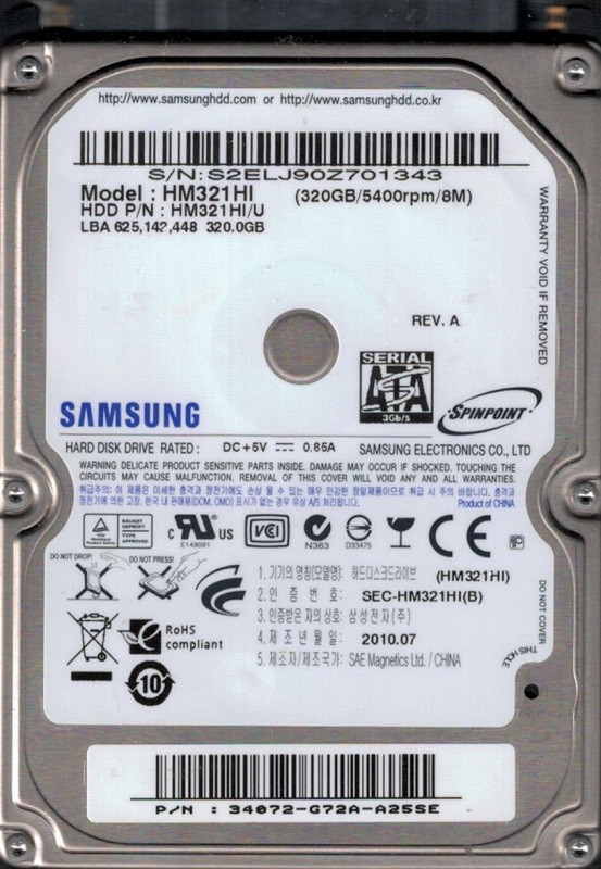 HM321HI/U P/N: 34072-G72A-A25SE Samsung 320GB