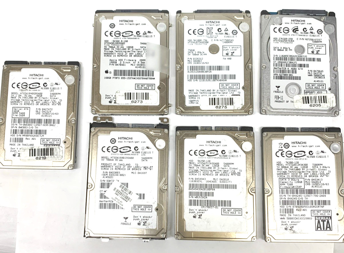 LOT of 7 x Hard Drive Lot Mixed 2.5 SATA Hitachi Tested 750GB 120GB 40GB 160GB