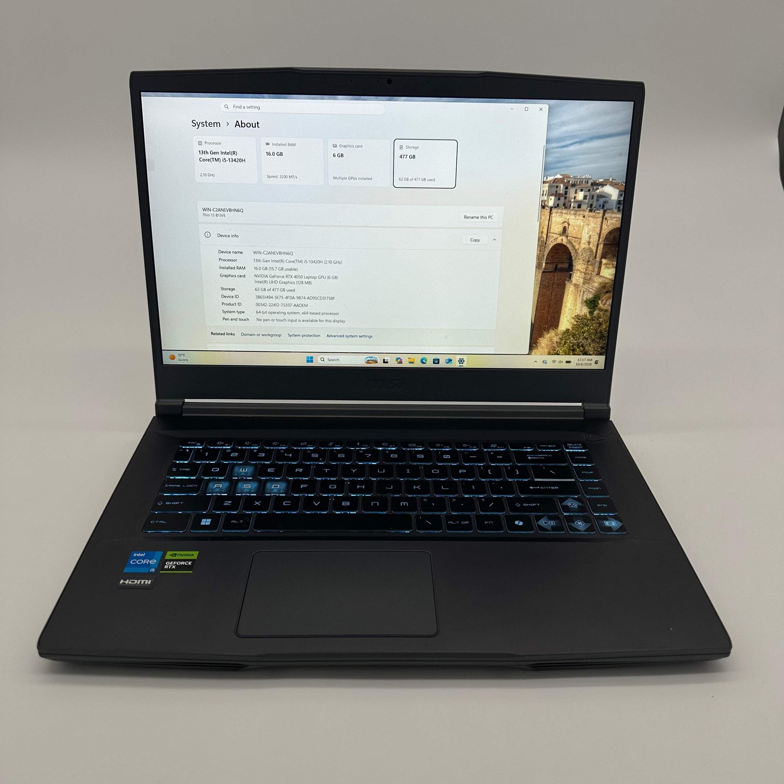 MSI Thin 15 B13VE 15-inch Core i5-13420H RTX 4050 512GB 16GB Gray Used