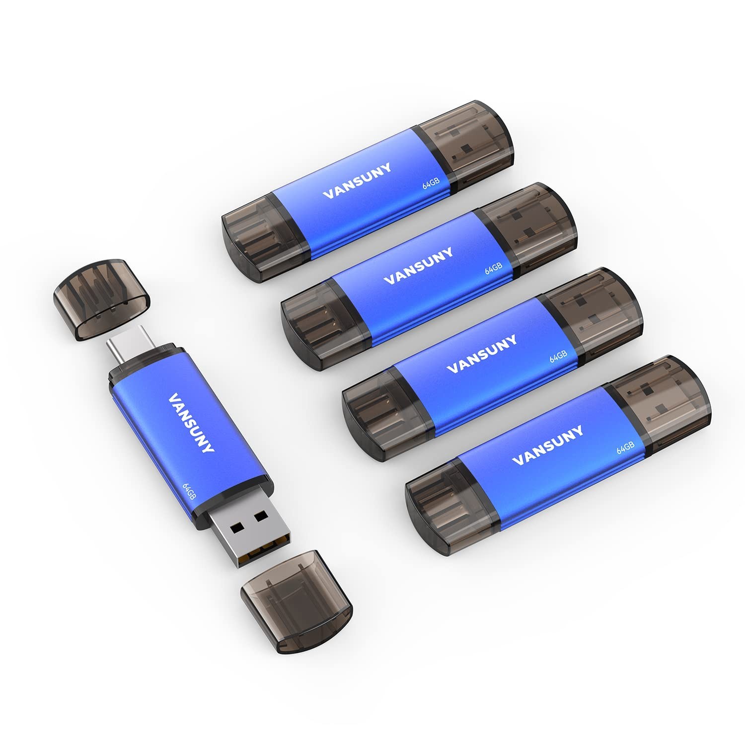 Pack 64GB Dual USB Flash Drives USB A USB C OTG Thumb Drives Blue