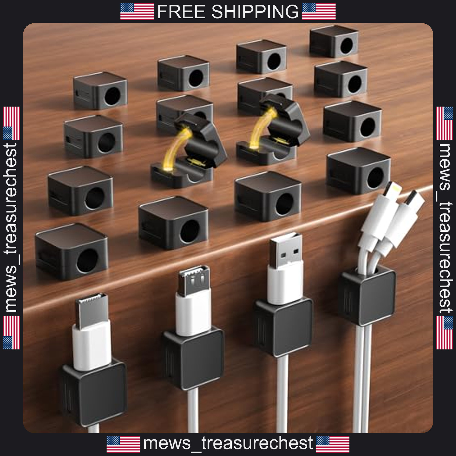 Magnetic Cable Organizer Clips 20-Pack for Desk, Office, Car, Black