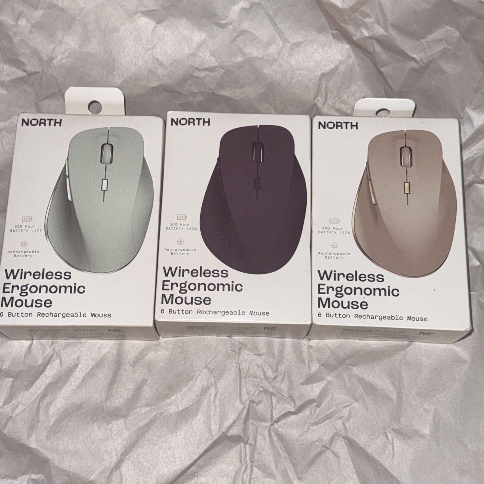 3 Pack North Wireless Ergonomic 6 Button Mouse Rechargeable 2.4ghz & Wireless