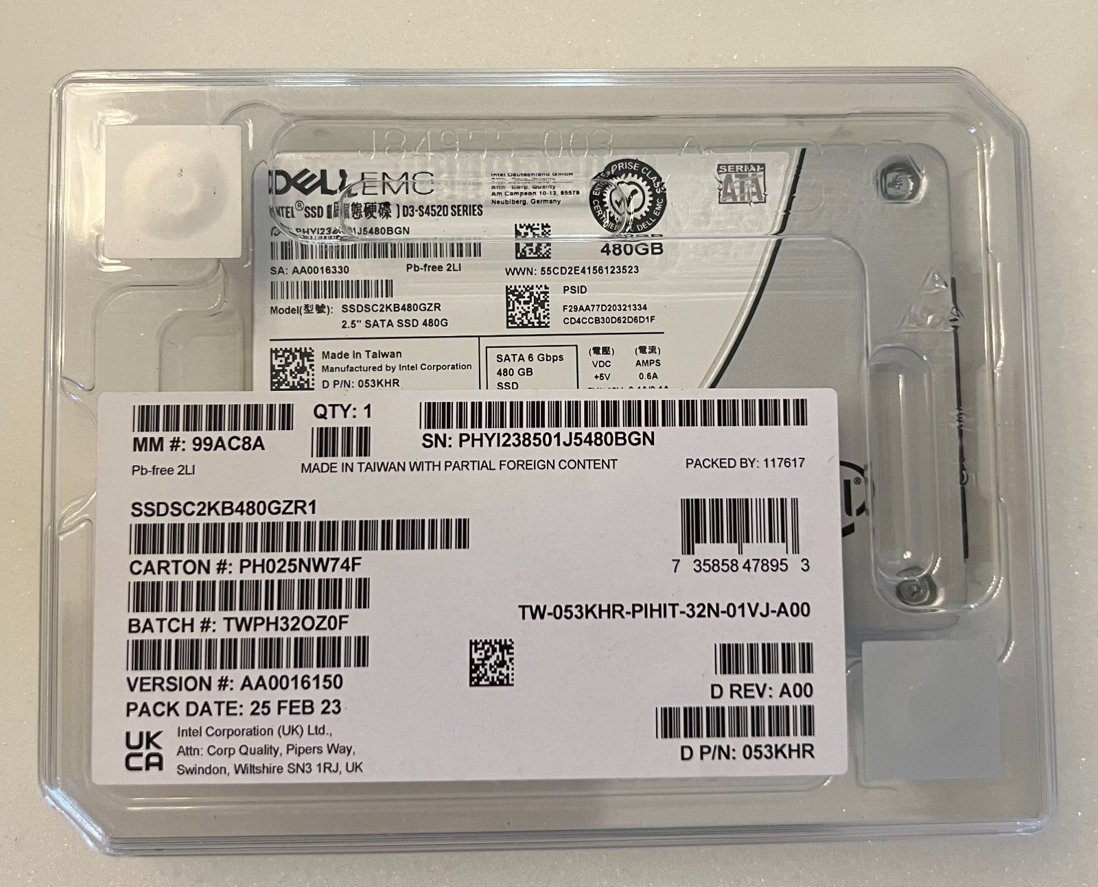 53KHR Dell Intel 480GB SATA 6G TLC RI 2.5" SSD SSDSC2KB480GZR D3-S4520 053KHR