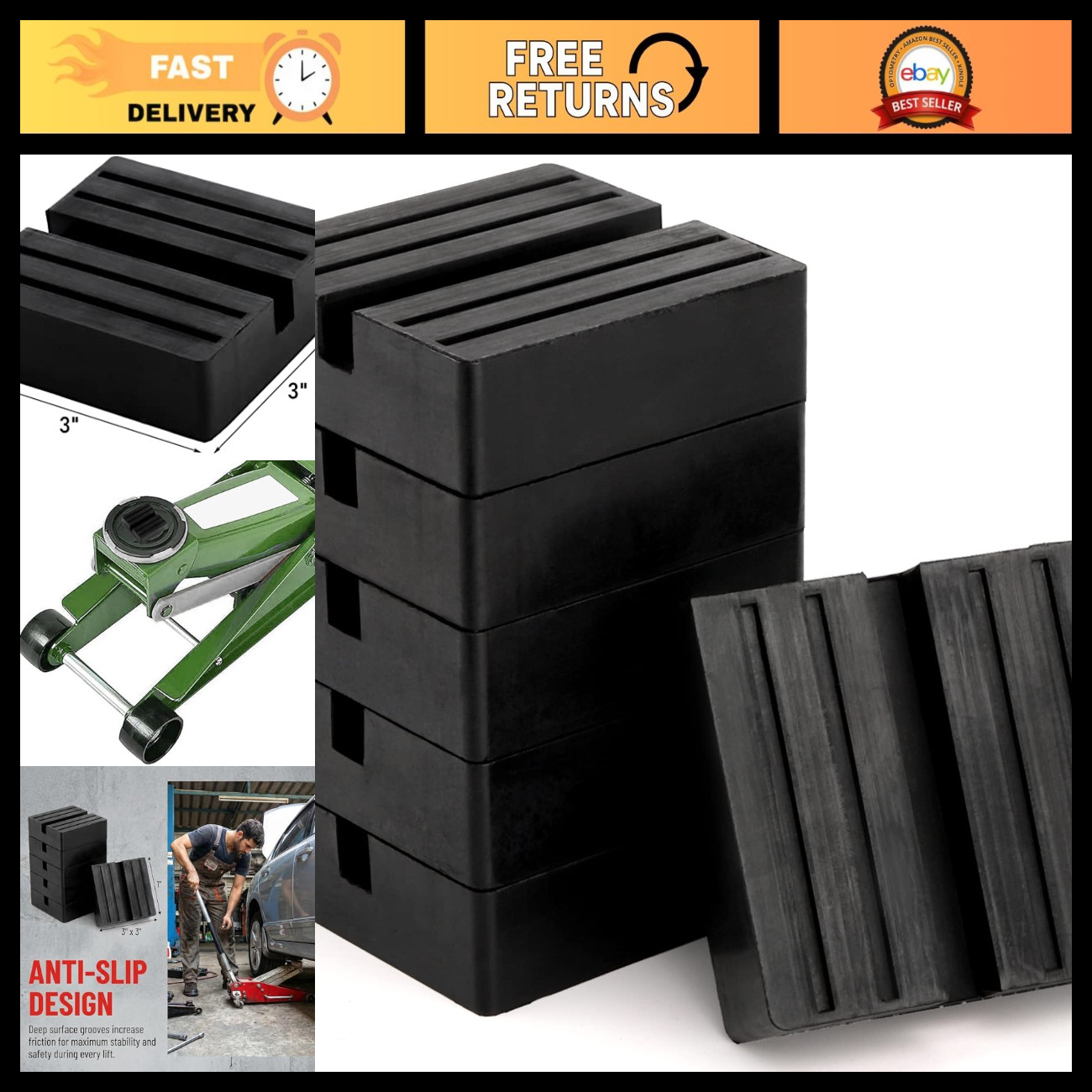 6 Pack Universal Floor Jack Rubber Pads - Anti-Slip Slotted Frame Adapter, 3 Inc
