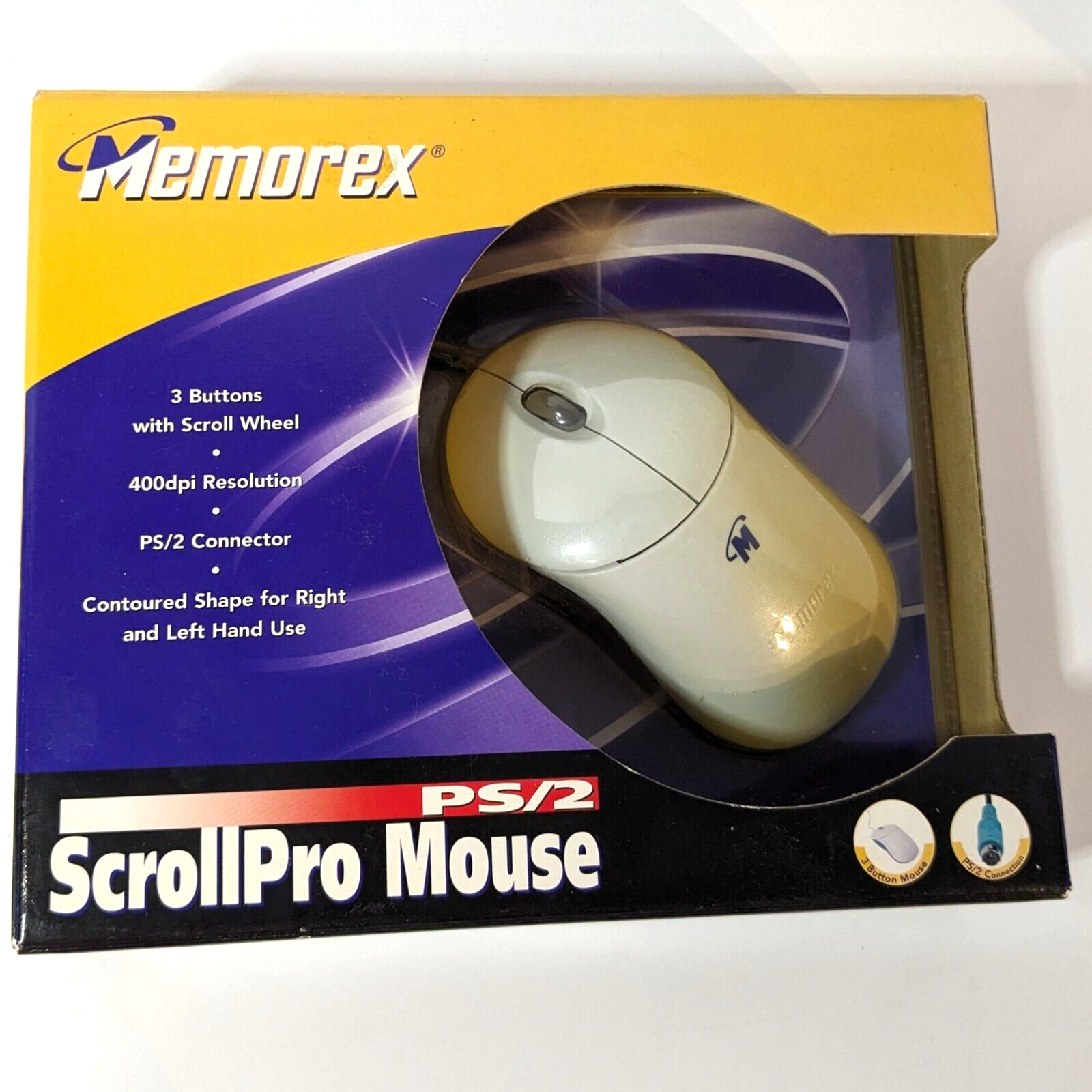 Memorex ScrollPro Mouse PS/2 Right or Left Handed 3 Button Scroll Wheel Open Box