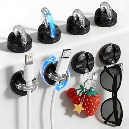 360° Rotatable Magnetic Cable Clips 8 Pack Adhesive Cord Holder Organizer Black
